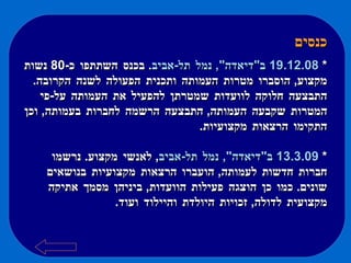 כנסים  *  19.12.08  ב " דיאדה ",  נמל תל - אביב .  בכנס השתתפו כ -80  נשות מקצוע ,  הוסברו מטרות העמותה ותכנית הפעולה לשנה הקרובה .  התבצעה חלוקה לוועדות שמטרתן להפעיל את העמותה על - פי המטרות שקבעה העמותה ,  התבצעה הרשמה לחברות בעמותה ,  וכן התקימו הרצאות מקצועיות .  *  13.3.09  ב " דיאדה ",  נמל תל - אביב ,  לאנשי מקצוע .  נרשמו חברות חדשות לעמותה ,  הועברו הרצאות מקצועיות בנושאים שונים .  כמו כן הוצגה פעילות הוועדות ,  ביניהן מסמך אתיקה מקצועית לדולה ,  זכויות היולדת והיילוד ועוד .   