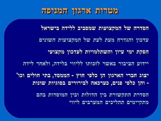 מטרות ארגון המניפה הסדרה של המקצועות שמסביב ללידה בישראל עדכון והגדרה מעת לעת של המקצועות השונים הפקת ימי עיון והשתלמויות לעדכון מקצועי יידוע הציבור באשר לזכותו לליווי בלידה ,  ולאחר לידה   יצוג חברי הארגון הן כלפי חוץ  -  הממסד ,  בתי חולים וכו '  -  והן כלפי פנים ,  כערכאה לבירורים בסוגיות שונות הסדרת התקשורת בין הדולות ובין המוסדות בהם מתקיימים תהליכים המערבים ליווי 