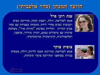 הוועד המכהן  ( סדר אלפביתי ) ענת רונן פרל אמא לשלושה .  דולה ,  יועצת הנקה ,  מדריכת נשים וקבוצות נשים אחרי לידה .  מתמחה בעבודה עם פחד סביב ההריון והלידה בשיטת  " נקודת אור ".  משלבת שיחות עם טיפולים במגע ,  דמיון מודרך ,  שיאצו ,  רפלקסולוגיה ,  קרניוסקרל ,  ארומתרפיה .   צופית צוקר אמא לשלושה .  מדריכת הכנה ללידה ,  דולה ,  מטפלת בכירה בשיאצו ומדריכת עיסוי תינוקות .   