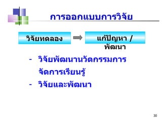 วิจัยพัฒนานวัตกรรมการจัดการเรียนรู้ วิจัยและพัฒนา การออกแบบการวิจัย วิจัยทดลอง แก้ปัญหา  /  พัฒนา 