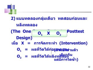 2) แบบทดลองกลุ่มเดียว  ทดสอบก่อนและหลังทดลอง  ( The  One Group  Pretest  –  Posttest  Design ) O 1 X O 2 เมื่อ  X  =  การจัดกระทำ  ( Intervention ) O 1   =  ผลที่วัดได้ก่อนทดลอง O 2   =  ผลที่วัดได้หลังทดลอง ( ตัวแปรตามตัวเดียวกัน แต่มีการวัดซ้ำ ) 