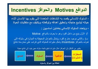 ‫الدوافع ‪ Motives‬والحوافز ‪Incentives‬‬
           ‫وا وا ز‬          ‫ا وا ع‬
‫• السلوك اإلنساني يقصد به النشاطات المتعددة التي يقوم بھا اإلنسان أثناء‬
 ‫حياته ليشبع حاجاته وتحقيق أھدافه وتوقعاته ويتكيف مع متطلبات الحياة‬
                                  ‫• ويتحدد السلوك اإلنساني بعاملين أساسيين :‬
                       ‫أ( األول ينبع من داخل الفرد وھو ما يعرف بالدوافع ‪Motive‬‬
                              ‫ول ي بع ن ل ر و و ي ر ب و ع‬
 ‫ب( والثاني موجود خارج الفرد ويتمثل بالعوامل المحيطة به المؤثرة في سلوكه التي‬
 ‫تعرف بالحوافز ‪ Incentives‬وتمثل مثيرات للسلوك الذي تترتب على ممارسته نتائج‬

     ‫يظھر من الشكل بأن الحوافز تمثل مثيرات تدفع باتجاه سلوك معين يقود إلى نتائج معينة‬

                                                                           ‫المحفزات‬
     ‫النتائج‬                 ‫السلوك‬                   ‫الدافعية‬
                                                                          ‫) المثيرات(‬
                                 ‫العالقة بين الحوافز والسلوك‬
 