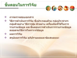 การตรวจสอบเอกสาร วิธีการดำเนินการวิจัย ซึ่งประกอบด้วย กลุ่มประชากร กลุ่มตัวอย่าง วิธีการสุ่ม ตัวอย่าง เครื่องมือที่ใช้ในการรวบรวมข้อมูล และขั้นตอนการดำเนินการรวบรวมข้อมูล ตลอดจนวิธีการวิเคราะห์ข้อมูล ผลการวิจัย  สรุปผลการวิจัย อภิปรายผลและข้อเสนอแนะ  