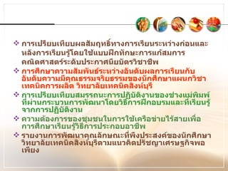 การเปรียบเทียบผลสัมฤทธิ์ทางการเรียนระหว่างก่อนและหลังการเรียนรู้โดยใช้แบบฝึกทักษะการแก้สมการคณิตศาสตร์ระดับประกาศนียบัตรวิชาชีพ การศึกษาความสัมพันธ์ระหว่างอันดับผลการเรียนกับอันดับความมีคุณธรรมจริยธรรมของนักศึกษาแผนกวิชาเทคนิคการผลิต วิทยาลัยเทคนิคสิงห์บุรี การเปรียบเทียบสมรรถนะการปฏิบัติงานของช่างแม่พิมพ์ที่ผ่านกระบวนการพัฒนาโดยวิธีการฝึกอบรมและที่เรียนรู้จากการปฏิบัติงาน ความต้องการของชุมชนในการใช้เครือข่ายไร้สายเพื่อการศึกษาเรียนรู้วิธีการประกอบอาชีพ รายงานการพัฒนาคุณลักษณะที่พึงประสงค์ของนักศึกษาวิทยาลัยเทคนิคสิงห์บุรีตามแนวคิดปรัชญาเศรษฐกิจพอเพียง 