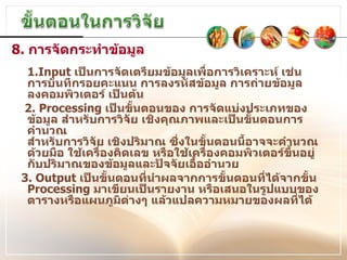 8.  การจัดกระทำข้อมูล 1.Input  เป็นการจัดเตรียมข้อมูลเพื่อการวิเคราะห์ เช่น  การบันทึกรอยคะแนน การลงรหัสข้อมูล การถ่ายข้อมูล  ลงคอมพิวเตอร์ เป็นต้น 2. Processing  เป็นขั้นตอนของ การจัดแบ่งประเภทของข้อมูล สำหรับการวิจัย เชิงคุณภาพและเป็นขั้นตอนการคำนวณ  สำหรับการวิจัย เชิงปริมาณ ซึ่งในขั้นตอนนี้อาจจะคำนวณ ด้วยมือ ใช้เครื่องคิดเลข หรือใช้เครื่องคอมพิวเตอร์ขึ้นอยู่กับปริมาณของข้อมูลและปัจจัยเอื้ออำนวย 3. Output  เป็นขั้นตอนที่นำผลจากการขั้นตอนที่ได้จากขั้น  Processing  มาเขียนเป็นรายงาน หรือเสนอในรูปแบบของตารางหรือแผนภูมิต่างๆ แล้วแปลความหมายของผลที่ได้        
