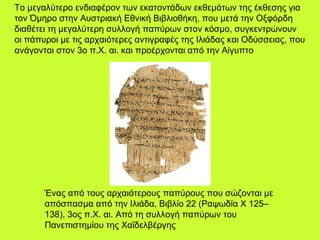 Το μεγαλύτερο ενδιαφέρον των εκατοντάδων εκθεμάτων της έκθεσης για τον Όμηρο στην Αυστριακή Εθνική Βιβλιοθήκη, που μετά την Οξφόρδη διαθέτει τη μεγαλύτερη συλλογή παπύρων στον κόσμο, συγκεντρώνουν οι πάπυροι με τις αρχαιότερες αντιγραφές της Ιλιάδας και Οδύσσειας, που ανάγονται στον 3ο π.Χ. αι. και προέρχονται από την Αίγυπτο  Ένας από τους αρχαιότερους παπύρους που σώζονται με απόσπασμα από την Ιλιάδα, Βιβλίο 22 (Ραψωδία X 125–138), 3ος π.Χ. αι. Από τη συλλογή παπύρων του Πανεπιστημίου της Χαϊδελβέργης  