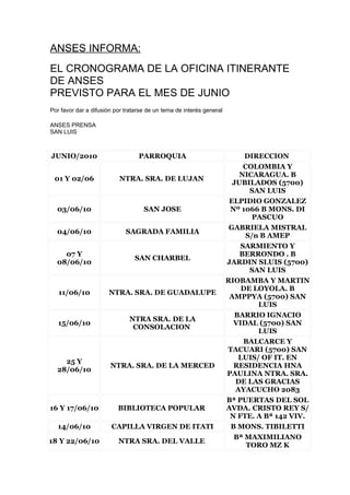 ANSES INFORMA:
EL CRONOGRAMA DE LA OFICINA ITINERANTE
DE ANSES
PREVISTO PARA EL MES DE JUNIO
Por favor dar a difusión por tratarse de un tema de interés general

ANSES PRENSA
SAN LUIS



JUNIO/2010                        PARROQUIA                                 DIRECCION
                                                                           COLOMBIA Y
                                                                          NICARAGUA. B
 01 Y 02/06               NTRA. SRA. DE LUJAN
                                                                        JUBILADOS (5700)
                                                                             SAN LUIS
                                                                       ELPIDIO GONZALEZ
  03/06/10                          SAN JOSE                           Nº 1066 B MONS. DI
                                                                              PASCUO
                                                                       GABRIELA MISTRAL
  04/06/10                   SAGRADA FAMILIA
                                                                            S/n B AMEP
                                                                          SARMIENTO Y
    07 Y                                                                  BERRONDO . B
                                SAN CHARBEL
  08/06/10                                                            JARDIN SLUIS (5700)
                                                                             SAN LUIS
                                                                      RIOBAMBA Y MARTIN
                                                                           DE LOYOLA. B
   11/06/10           NTRA. SRA. DE GUADALUPE
                                                                       AMPPYA (5700) SAN
                                                                               LUIS
                                                                         BARRIO IGNACIO
                              NTRA SRA. DE LA
   15/06/10                                                             VIDAL (5700) SAN
                               CONSOLACION
                                                                               LUIS
                                                                           BALCARCE Y
                                                                      TACUARI (5700) SAN
                                                                          LUIS/ OF IT. EN
    25 Y
                       NTRA. SRA. DE LA MERCED                          RESIDENCIA HNA
  28/06/10
                                                                      PAULINA NTRA. SRA.
                                                                         DE LAS GRACIAS
                                                                         AYACUCHO 2083
                                                                      Bª PUERTAS DEL SOL
16 Y 17/06/10             BIBLIOTECA POPULAR                          AVDA. CRISTO REY S/
                                                                       N FTE. A Bª 142 VIV.
   14/06/10            CAPILLA VIRGEN DE ITATI                         B MONS. TIBILETTI
                                                                        Bª MAXIMILIANO
18 Y 22/06/10             NTRA SRA. DEL VALLE
                                                                            TORO MZ K
 
