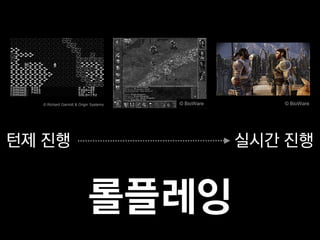 © Richard Garriott & Origin Systems   © BioWare      © BioWare




턴제 진행                                               실시간 진행


                           롤플레잉
 