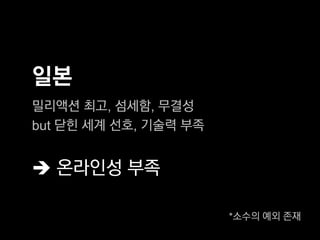 일본
밀리액션 최고, 섬세함, 무결성
but 닫힌 세계 선호, 기술력 부족


 온라인성 부족

                       *소수의 예외 존재
 