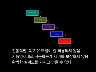 © Paul A. Hoadley


전통적인 ‘폭포수’ 모델이 잘 적용되지 않음
기능명세대로 작동하는게 재미를 보장하지 않음
완벽한 설계도를 가지고 만들 수 없다
 