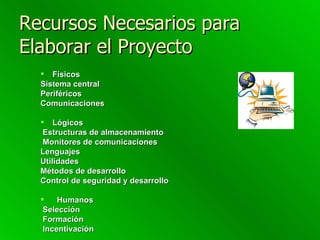 Recursos Necesarios para Elaborar el Proyecto Físicos Sistema central Periféricos Comunicaciones Lógicos Estructuras de almacenamiento Monitores de comunicaciones Lenguajes Utilidades Métodos de desarrollo Control de seguridad y desarrollo    Humanos Selección  Formación Incentivación 