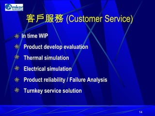 客戶服務 (Customer Service) In time WIP 　 Product develop evaluation 　 Thermal simulation 　 Electrical simulation 　 Product reliability / Failure Analysis 　 Turnkey service solution 