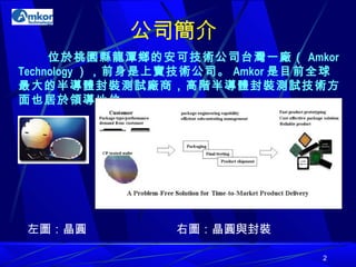 公司簡介 位於桃園縣龍潭鄉的安可技術公司台灣一廠 （ Amkor Technology ） ，前身是上寶技術公司。 Amkor 是目前全球最大的半導體封裝測試廠商，高階半導體封裝測試技術方面也居於領導地位。   左圖：晶圓  右圖：晶圓與封裝 