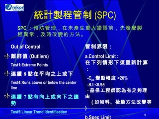 統計製程管制 (SPC) SPC ：預防管理，在未產生重大錯誤前，先發覺製程異常，及時改變的方法。 Out of Control 離群值 (Outliers) Test1:Extreme Points 連續 8 點在平均之上或下 Test4:Runs above or below the center line 連續 7 點有向上或向下之趨勢 Test5:Linear Trend Identification 管制界限： a.Control Limit : 在下列情形下須重新計算： -C pk 變動幅度 >20%   -S.I.<0.95   - 品保工程師認為有足夠理由    ( 如物料、檢驗方法改變等 ) b.Spec Limit   