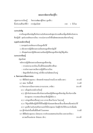 1


                                            แผนการจัดการเรียนรูที่ 1
กลุมสาระการเรียนรู กิจกรรมพัฒนาผูเรียน ( ลูกเสือ )
ชั้นประถมศึกษาปที่ 5 การปฐมนิเทศ                                                           เวลา 1 ชั่วโมง
------------------------------------------------------------------------------------------------------------------------
1.สาระสําคัญ
         การเรียนลูกเสือสามัญเปนกิจกรรมบังคับของหลักสูตรประถมศึกษาที่ลูกเสือตองรับทราบ
ขอปฏิบัติ จุดประสงคของการเรียน การแบงภาระหนาทีรบผิดชอบของสมาชิกภายในหมู
                                                                     ่ั
2.จุดประสงคการเรียนรู
        1. บอกจุดประสงคของการเรียนลูกเสือได
        2. อธิบายการปฏิบัตตามธรรมเนียมของลูกเสือสามัญได
                               ิ
        3. เห็นคุณคาและปฏิบัติตามธรรมเนียมปฏิบัติของลูกเสือสามัญไดถูกตอง
3.สาระการเรียนรู
       ปฐมนิเทศ
        หลักการปฏิบัตตามธรรมเนียมของลูกเสือสามัญ
                          ิ
            - การแตงกาย,เวลาเรียน,เรื่องที่เรียนตลอดปการศึกษา
            - การทําความเคารพ,ขอควรปฏิบัติในการเรียน
            - จัดลูกเสือเขาประจําหมู ,หนาที่ความรับผิดชอบในหมู
4. กิจกรรมการเรียนการสอน
        4.1 พิธีเปดประชุมกอง ( ชักธงชาติ สวดมนต สงบนิ่ง ตรวจเล็บ แยก )                    10 นาที
        4.2 เพลง วันนี้ยินดี                                                                 5 นาที
        4.3 กิจกรรมการเรียนการสอน (การบรรยาย , สาธิต )                                      30 นาที
          4.3.1 แจงจุดประสงคการเรียนรู
           4.3.2 ผูกํากับนําสนทนาเกียวกับธรรมเนียมปฏิบัติของลูกเสือสามัญ เกี่ยวกับการเปด
                                          ่
                 ประชุมกอง การแสดงรหัสและขอปฏิบัติตาง ๆ
           4.3.3 แบงลูกเสืออกเปนหมู ๆ ละ 6-8 คน ศึกษาใบงาน ใบความรู
          4.3.4 ใหลูกเสือฝกปฏิบัติใหไดโดยมีผูกํากับคอยสาธิตและชีแนะขันตอนทีบกพรองให
                                                                     ้    ้       ่
           4.3.5 ลูกเสือรวมกันสรุปกิจกรรมหนาที่ประชุมกอง โดยผูกํากับใหคําแนะนําเพิ่มเติม
        4.4 ผูกํากับเลาเรื่องสั้นที่เปนคติ วัวนอกคอก                                      5 นาที
        4.5 พิธีปดประชุมกอง ( นัดหมาย ( การทําแบบทดสอบกอนเรียน นอกเวลาเรียน )
             ตรวจเครื่องแตงกาย ชักธงลง เลิก )                                              10 นาที
 