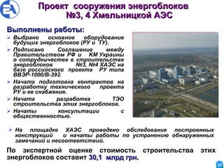Проект  сооружения энергоблоков  №3, 4 Хмельницкой АЭС Выполнены работы: Выбрано основное оборудование будущих энергоблоков (РУ и  ТУ). Подписано Соглашение между Правительством РФ и  KM Украины о сотрудничестве в строительстве энергоблоков   №3, №4 ХАЭС на базе российского  проекта  РУ типа ВВЭР-1000/В-392. Начата подготовка контрактов на разработку технического  проекта РУ и ее снабжение. Начата разработка ТЭО строительства этих энергоблоков.  Начаты консультации с общественностью. По экспертной оценке стоимость строительства этих энергоблоков составит  30,1  млрд грн.   На площадке ХАЭС проведено обследование построенных конструкций  и начаты работы по устранению обнаруженных замечаний и несоответствий. 