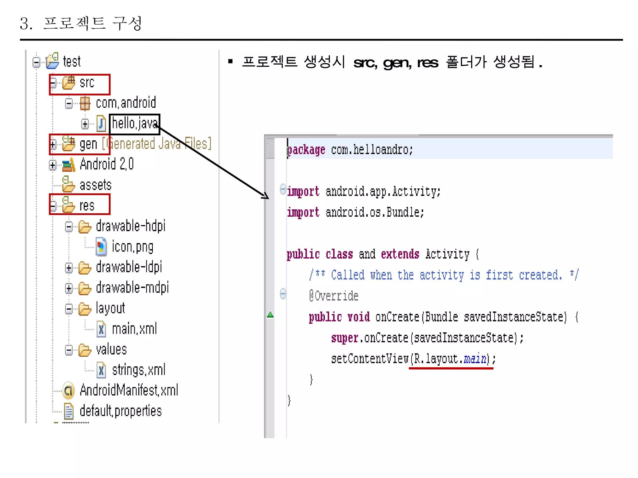 3.  프로젝트 구성 프로젝트 생성시  src, gen, res  폴더가 생성됨 . 