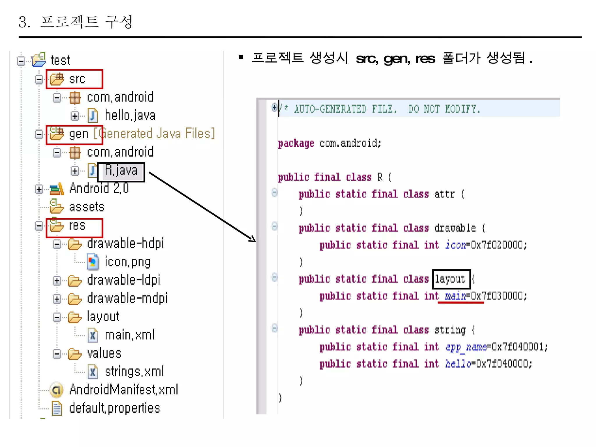 3.  프로젝트 구성 프로젝트 생성시  src, gen, res  폴더가 생성됨 . 