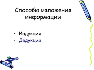 Способы изложения информации Индукция Дедукция 