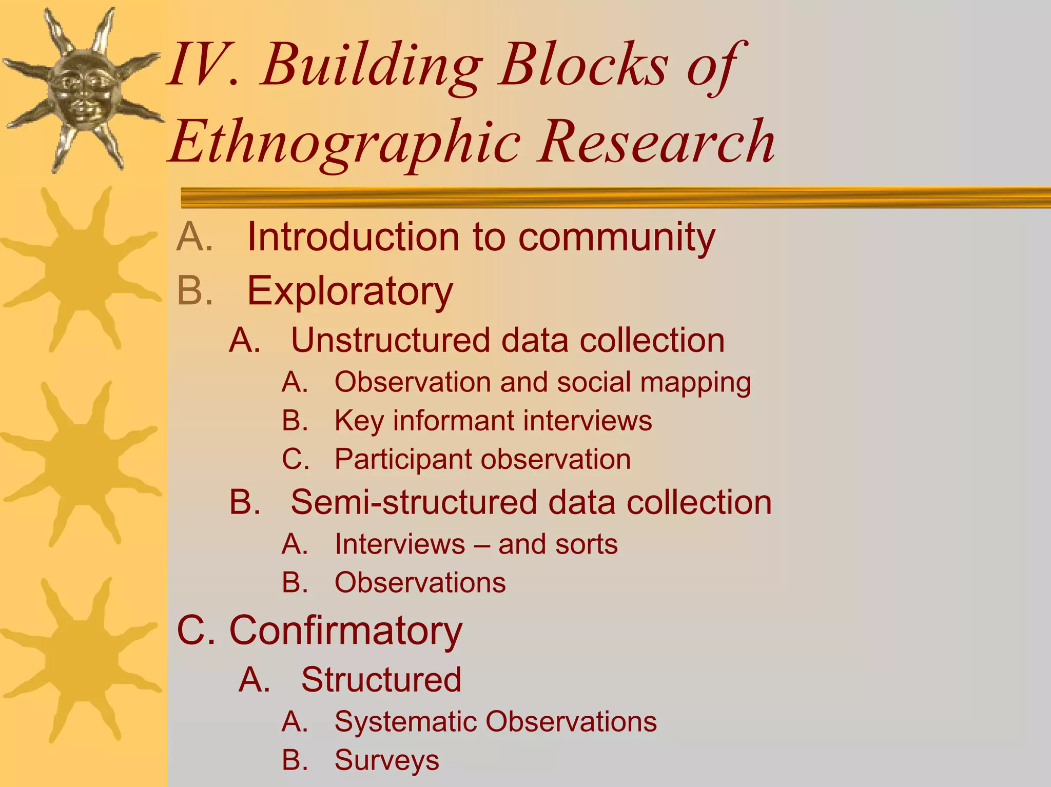 IV. Building Blocks of
Ethnographic Research
A. Introduction to community
B. Exploratory
  A. Unstructured data collection
     A. Observation and social mapping
     B. Key informant interviews
     C. Participant observation
  B. Semi-structured data collection
     A. Interviews – and sorts
     B. Observations
C. Confirmatory
   A. Structured
     A. Systematic Observations
     B. Surveys
 