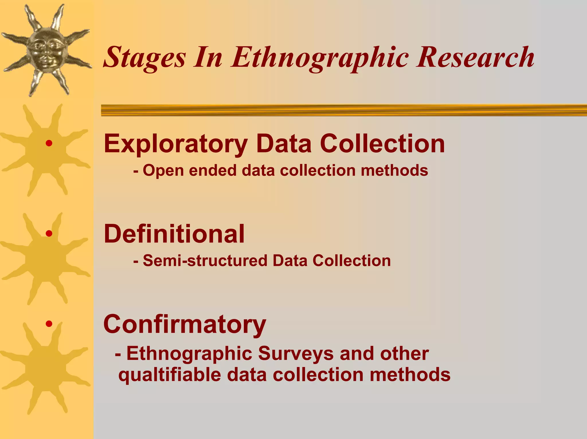 Stages In Ethnographic Research

•   Exploratory Data Collection
      - Open ended data collection methods



•   Definitional
      - Semi-structured Data Collection



•   Confirmatory
    - Ethnographic Surveys and other
     qualtifiable data collection methods
 