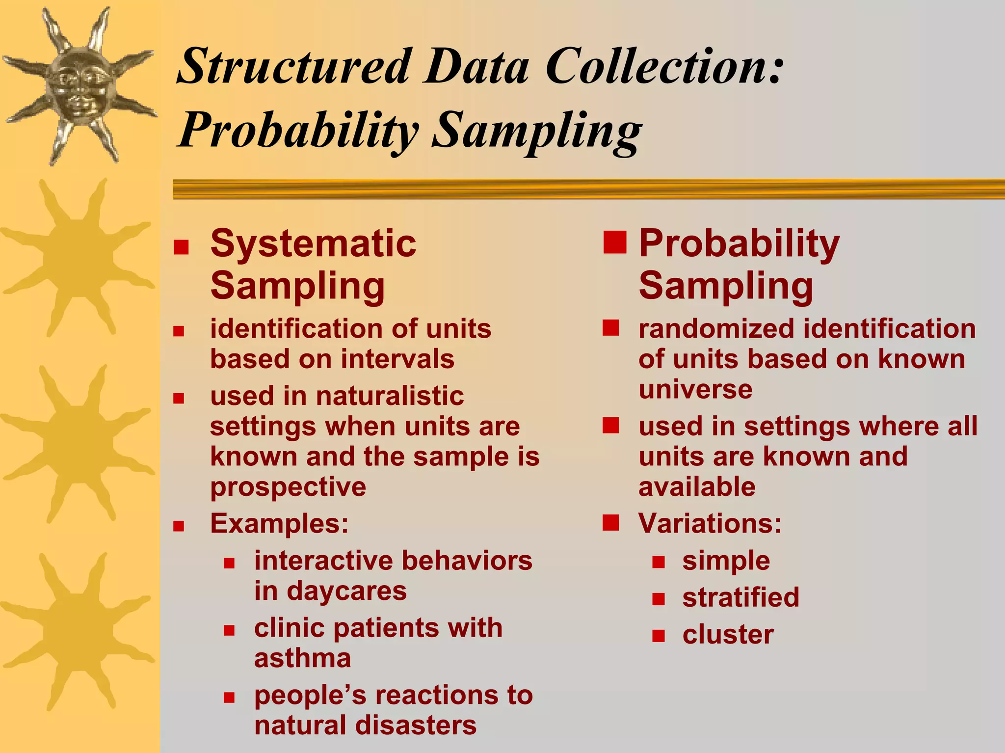 Structured Data Collection:
Probability Sampling

 Systematic                 Probability
 Sampling                   Sampling
 identification of units    randomized identification
 based on intervals         of units based on known
 used in naturalistic       universe
 settings when units are    used in settings where all
 known and the sample is    units are known and
 prospective                available
 Examples:                  Variations:
    interactive behaviors       simple
    in daycares                 stratified
    clinic patients with        cluster
    asthma
    people’s reactions to
    natural disasters
 