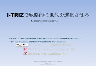 Willfort  International　Patent  Firm　 Ideation Japan Inc.                                                                        　　　　　　　　　　　　Ideation International Inc. I-TRIZで戦略的に世代を進化させる 意図的に将来を制御する ,[object Object]
