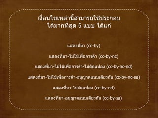 แสดงที่มา  ( cc - by ) แสดงที่มา - ไม่ใช้เพื่อการค้า  ( cc - by - nc ) แสดงที่มา - ไม่ใช้เพื่อการค้า - ไม่ดัดแปลง  ( cc - by - nc - nd ) แสดงที่มา - ไม่ใช้เพื่อการค้า - อนุญาตแบบเดียวกัน  ( cc - by - nc - sa ) แสดงที่มา - ไม่ดัดแปลง  ( cc - by - nd ) แสดงที่มา - อนุญาตแบบเดียวกัน  ( cc - by - sa ) เงื่อนไขเหล่านี้สามารถใช้ประกอบได้มากที่สุด  6   แบบ ได้แก่ 