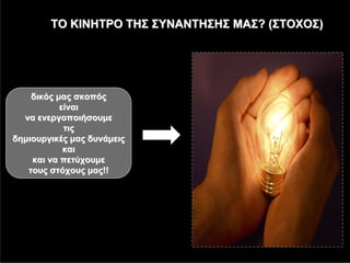 ΤΟ ΚΙΝΗΤΡΟ ΤΗΣ ΣΥΝΑΝΤΗΣΗΣ ΜΑΣ? (ΣΤΟΧΟΣ)




    δικός μας σκοπός
           είναι
  να ενεργοποιήσουμε
            τις
δημιουργικές μας δυνάμεις
            και
    και να πετύχουμε
   τους στόχους μας!!
 