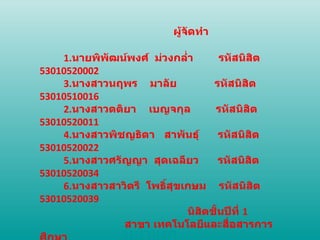 หน้าแรก   ผู้จัดทำ 1. นายพิพัฒน์พงศ์  ม่วงกล่ำ  รหัสนิสิต  53010520002 3. นางสาวนฤพร  มาลัย  รหัสนิสิต  53010510016 2. นางสาวตติยา  เบญจกุล  รหัสนิสิต  53010520011 4. นางสาวพิชญธิดา  สาพันธุ์  รหัสนิสิต  53010520022 5. นางสาวศรัญญา  สุดเฉลียว  รหัสนิสิต  53010520034 6. นางสาวสาวิตรี  โพธิ์สุขเกษม  รหัสนิสิต   53010520039 นิสิตชั้นปีที่  1 สาขา เทคโนโลยีและสื่อสารการศึกษา คณะศึกษาศาสตร์ 