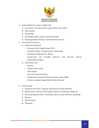 127
MENTERI KESEHATAN
REPUBLIK INDONESIA
3. Gejala-gejala lain yang mungkin ada:
1) nyeri dada, terutama kalau napas dalam atau batuk
2) nyeri kepala
3) berkeringat
4) kehilangan nafsu makan, lemah dan lelah
5) bingung sampai lethargi, terutama pada usia tua
4. Jenis-jenis Pneumonia
1) Pneumonia bakterial
- biasanya suhu tinggi sampai 40o c
- keringat banyak, tachypnea dan tachycardia
- kesadaran bingung atau dlirious
- ujung-ujung jari mungkin kebiruan atau abu-abu karena
kekurangan oksigen
2) Pneumonia viral
- demam
- batuk-batuk kering
- sakit kepala
- nyeri otot dan kelemahan
- batuk-batuk memberat disertai mukus yang sedikit
- demam mungkin tinggi disertai bibir kebiruan
5. Tanda-tanda:
1) Kesadaran berubah, bingung, disorientasi sampai letharigi
2) Batuk-batuk, disertai sesak napas (laborous breathing), takhipnea
3) Suara pernapasan kotor, terdengar seperti orang berkumur (gurgling)
4) Demam
5) Ronchi basah
6) Wheezing
 