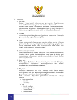 128
MENTERI KESEHATAN
REPUBLIK INDONESIA
6. Penyebab
1) Bacteria
Bakteri Gram-Positif: Streptococcus pneumonia, Staphylococcus
aureus, Streptococcus pyogenes, dan anaerobe streptococci.
Bakteri Gram-Negatif: Haemophillus influenza, Klebsiella pneumonia,
Pseudomonas aeruginosa, Moraxellacatarrhalis, E. coli, enterobacter,
Neisseria meningitidis, dan akhir-akhir ini Acinetobacter baumanii.
2) Atipikal
Antara lain disebabkan karena Mycoplasma pneumonia, Chlamydia
pneumonia, dan Legionellapneumophilia.
3) Viral
Suatu pneumonia berbahaya yang bias disebabkan karena influenza
pneumonia, dan human parainfluenza virus, respiratory syncytial virus
(RSV), adenovirus, herpes virus, avian influenza virus (H5N1), dan
severe acute respiratory syndrome (SARS).
4) Pneumonia opportunistic
Disebabkan gangguan sistem kekebalan tubuh menyebabkan pasien
mudah terkena infeksi mikroorganisme yang tidak berbahaya bagi
manusia yang sehat, antara lain: Pneumocystis jiroveci (dulu disebut
Pneumocystis carinii)
5) Lain-lain:
Sering juga disebabkan karena infeksi jamur seperti chlamydia,
histoplasmosis, aspergillosis, cresikoryptococcus atau karena
pekerjaan seperti anthracosis, brucellosis
6) Diagnosis
Diagnosis pneumonia bisa sulit, sehingga tidak cukup dengan
pemeriksaasn fisik dan laboratorium saja dan mungkin memerlukan
pemeriksaan-pemeriksaan tambahan yang lain.
Pada umumnya diperlukan pemeriksaan-pemeriksaan, sebagai
berikut:
a. Pemeriksaan fisik
- Ronchi
- Wheezing
b. Lab
- Darah lengkap
- Analisa gas darah
- Pulse oximetri
- Bronchoskopi
 