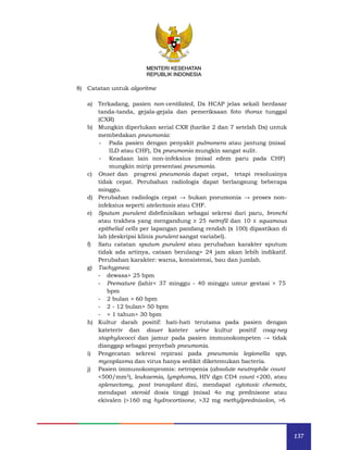 137
MENTERI KESEHATAN
REPUBLIK INDONESIA
8) Catatan untuk algoritme
a) Terkadang, pasien non-ventilated, Dx HCAP jelas sekali berdasar
tanda-tanda, gejala-gejala dan pemeriksaan foto thorax tunggal
(CXR)
b) Mungkin diperlukan serial CXR (harike 2 dan 7 setelah Dx) untuk
membedakan pneumonia:
- Pada pasien dengan penyakit pulmonera atau jantung (misal
ILD atau CHF), Dx pneumonia mungkin sangat sulit.
- Keadaan lain non-infeksius (misal edem paru pada CHF)
mungkin mirip presentasi pneumonia.
c) Onset dan progresi pneumonia dapat cepat, tetapi resolusinya
tidak cepat. Perubahan radiologis dapat berlangsung beberapa
minggu.
d) Perubahan radiologis cepat → bukan pneumonia → proses non-
infeksius seperti atelectasis atau CHF.
e) Sputum purulent didefinisikan sebagai sekresi dari paru, bronchi
atau trakhea yang mengandung ≥ 25 netrofil dan 10 ≤ squamous
epithelial cells per lapangan pandang rendah (x 100) dipastikan di
lab (deskripsi klinis purulent sangat variabel).
f) Satu catatan sputum purulent atau perubahan karakter sputum
tidak ada artinya, cataan berulang> 24 jam akan lebih indikatif.
Perubahan karakter: warna, konsistensi, bau dan jumlah.
g) Tachypnea:
- dewasa> 25 bpm
- Premature (lahir< 37 minggu - 40 minggu umur gestasi > 75
bpm
- 2 bulan > 60 bpm
- 2 - 12 bulan> 50 bpm
- > 1 tahun> 30 bpm
h) Kultur darah positif: hati-hati terutama pada pasien dengan
kateteriv dan dauer kateter urine kultur positif coag-neg
staphylococci dan jamur pada pasien immunokompeten → tidak
dianggap sebagai penyebab pneumonia.
i) Pengecatan sekresi repirasi pada pneumonia legionella spp,
mycoplasma dan virus hanya sedikit diketemukan bacteria.
j) Pasien immunokompromis: netropenia (absolute neutrophile count
<500/mm3), leukaemia, lymphoma, HIV dgn CD4 count <200, atau
splenectomy, post transplant dini, mendapat cytotoxic chemotx,
mendapat steroid dosis tinggi (misal 4o mg prednisone atau
ekivalen (>160 mg hydrocortisone, >32 mg methylprednisolon, >6
 