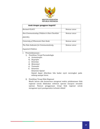 19
MENTERI KESEHATAN
REPUBLIK INDONESIA
Anak dengan gangguan kognitif
Revised FLACC Semua umur
Non-Communicating Children’s Pain Checklist
(NCCPC)
Semua umur
University of Wisconsin Pain Scale Semua umur
The Pain Indicator for Communicatively
Impaired Children
Semua umur
c. Penatalaksanaan :
1) Pemilihan Terapi Farmakologis
a) Acetaminofen
b) Ibuprofen
c) Ketorolac
d) Metamizol
e) Tramadol
f) Ketamine
Ketamine Opioid
Opioid dapat diberikan bila kadar nyeri meningkat pada
sedang sampai berat.
2) Pemilihan Terapi Blok Regional
Masih belum ada konsensus mengenai waktu pelaksanaan blok
regional untuk dilakukan sebelum operasi maupun sesudah
operasi. Namun penggunaan terapi blok regional untuk
mengatasi nyeri postoperative terbukti efektif
MENTERI KESEHATAN
REPUBLIK INDONESIA
 
