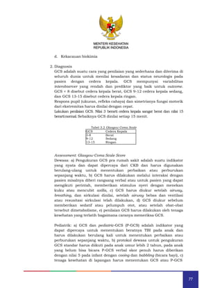77
MENTERI KESEHATAN
REPUBLIK INDONESIA
d. Kekacauan biokimia
2. Diagnosis
GCS adalah suatu cara yang penilaian yang sederhana dan diterima di
seluruh dunia untuk menilai kesadaran dan status neurologis pada
pasien dengan cedera kepala. GCS mempunyai variabilitas
interobserver yang rendah dan prediktor yang baik untuk outcome.
GCS < 8 disebut cedera kepala berat, GCS 9-12 cedera kepala sedang,
dan GCS 13-15 disebut cedera kepala ringan.
Respons pupil (ukuran, refleks cahaya) dan simetrisnya fungsi motorik
dari ekstremitas harus dinilai dengan cepat.
Lakukan penilaian GCS. Nilai 3 berarti cedera kepala sangat berat dan nilai 15
berartinormal.Sebaiknya GCS dinilai setiap 15 menit.
Tabel 3.2 Glasgow Coma Scale
GCS Cedera Kepala
3-8 Berat
9-12 Sedang
13-15 Ringan
Assessment: Glasgow Coma Scale Score
Dewasa: a) Pengukuran GCS pra rumah sakit adalah suatu indikator
yang nyata dan dapat dipercaya dari CKB dan harus digunakan
berulang-ulang untuk menentukan perbaikan atau perburukan
sepanjang waktu, b) GCS harus dilakukan melalui interaksi dengan
pasien misalnya diberi rangsang verbal atau untuk pasien yang dapat
mengikuti perintah, memberikan stimulus nyeri dengan menekan
kuku atau mencubit axilla, c) GCS harus diukur setelah airway,
breathing, dan sirkulasi dinilai, setelah airway bebas dan ventilasi
atau resusitasi sirkulasi telah dilakukan, d) GCS diukur sebelum
memberikan sedatif atau pelumpuh otot, atau setelah obat-obat
tersebut dimetabolisme, e) penilaian GCS harus dilakukan oleh tenaga
kesehatan yang terlatih bagaimana caranya memeriksa GCS.
Pediatrik: a) GCS dan pediatric-GCS (P-GCS) adalah indikator yang
dapat dipercaya untuk menentukan beratnya TBI pada anak dan
harus dilakukan berulang kali untuk menentukan perbaikan atau
perburukan sepanjang waktu, b) protokol dewasa untuk pengukuran
GCS standar harus diikuti pada anak umur lebih 2 tahun, pada anak
yang belum bisa bicara P-GCS verbal skor penuh harus diberikan
dengan nilai 5 pada infant dengan cooing dan babbling (bicara bayi), c)
tenaga kesehatan di lapangan harus menentukan GCS atau P-GCS
MENTERI KESEHATAN
REPUBLIK INDONESIA
 