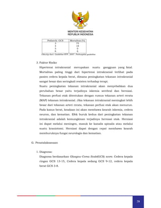 79
MENTERI KESEHATAN
REPUBLIK INDONESIA
Pediatrik: GCS Mortalitas (%)
3
4
5
6
75
18
0
6
Dikutip dari: Guideline BTF, 2007. Prehospital guideline
3. Faktor Risiko
Hipertensi intrakranial merupakan suatu gangguan yang fatal.
Mortalitas paling tinggi dari hipertensi intrakranial terlihat pada
pasien cedera kepala berat, dimana peningkatan tekanan intrakranial
sangat besar dan seringkali resisten terhadap terapi.
Suatu peningkatan tekanan intrakranial akan menyebabkan dua
perubahan besar yaitu terjadinya iskemia serebral dan herniasi.
Tekanan perfusi otak ditentukan dengan rumus tekanan arteri rerata
(MAP) tekanan intrakranial. Jika tekanan intrakranial meningkat lebih
besar dari tekanan arteri rerata, tekanan perfusi otak akan menurun.
Pada kasus berat, keadaan ini akan membawa kearah iskemia, cedera
neuron, dan kematian. Efek buruk kedua dari peningkatan tekanan
intrakranial adalah kemungkinan terjadinya herniasi otak. Herniasi
ini dapat melalui meningen, masuk ke kanalis spinalis atau melalui
suatu kraniotomi. Herniasi dapat dengan cepat membawa kearah
memburuknya fungsi neurologis dan kematian.
G. Penatalaksanaan
1. Diagnosa:
Diagnosa berdasarkan Glasgow Coma Scale(GCS) score. Cedera kepala
ringan GCS 13-15, Cedera kepala sedang GCS 9-12, cedera kepala
berat GCS 3-8.
MENTERI KESEHATAN
REPUBLIK INDONESIA
 