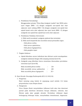 93
MENTERI KESEHATAN
REPUBLIK INDONESIA
a. Pendekatan Farmakologi
Menggunakan prinsip “Three-Step Analgesic Ladder” dari WHO yaitu:
nyeri ringan (NRS: 1-3) dengan analgesik non-opioid dan obat
adjuvant; nyeri sedang (NRS: 4-6) dengan analgesik non-opioid dan
opioid lemah serta obat adjuvant; dan nyeri berat (NRS: >7) dengan
analgesik non-opioid dan opioid kuat serta obat adjuvant.
b. Pendekatan Tindakan Intervension
1) Blok saraf neuraksial: analgesia epidural dan intratekal.
2) Blok saraf simpatetik dan neurolisis sesuai persarafan organ:
- blok plexus coeliac,
- blok nervus splachnicus,
- blok plexus hypogastricus,
- blok ganglion impar
7. Tingkat Evidence
a. Opioid diberikan secara individual dan dititrasi untuk mendapatkan
analgesia maksimal dengan efek samping minimal (Level II).
b. Analgesik yang diberikan harus senantiasa disesuaikan perubahan
intensitas nyeri (Level III).
Blok neurolitik plexus coeliac : 2A+
Blok neurolitik nervus sphlanchnic : 2B+
Blok neurolitik plexus hypogastric : 2C+
D. Nyeri Kronik: Neuralgia Postherpetik (ICD 10. B 02.23)
1. Pengertian
Nyeri menetap yang timbul di sepanjang saraf setelah 3-6 bulan
penyembuhan ruam Herpes Zoster.
2. Patogenesis
Virus Herpes Zoster menyebabkan inflamasi kulit akut dan denervasi
parsial pada distribusi dermatom berupa inflamasi, nekrosis, dan
fibrosis pada akar ganglia dorsalis. Perubahan inflamasi dapat
berlangsung beberapa bulan, menyebabkan demielinisasi, degenerasi
MENTERI KESEHATAN
REPUBLIK INDONESIA
 