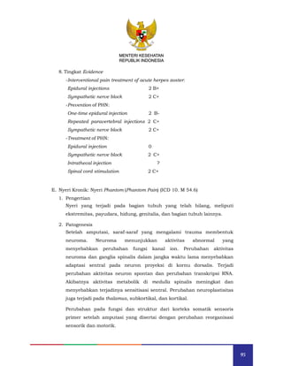 95
MENTERI KESEHATAN
REPUBLIK INDONESIA
8. Tingkat Evidence
-Interventional pain treatment of acute herpes zoster:
Epidural injections 2 B+
Sympathetic nerve block 2 C+
-Prevention of PHN:
One-time epidural injection 2 B-
Repeated paravertebral injections 2 C+
Sympathetic nerve block 2 C+
-Treatment of PHN:
Epidural injection 0
Sympathetic nerve block 2 C+
Intrathecal injection ?
Spinal cord stimulation 2 C+
E. Nyeri Kronik: Nyeri Phantom (Phantom Pain) (ICD 10. M 54.6)
1. Pengertian
Nyeri yang terjadi pada bagian tubuh yang telah hilang, meliputi
ekstremitas, payudara, hidung, genitalia, dan bagian tubuh lainnya.
2. Patogenesis
Setelah amputasi, saraf-saraf yang mengalami trauma membentuk
neuroma. Neuroma menunjukkan aktivitas abnormal yang
menyebabkan perubahan fungsi kanal ion. Perubahan aktivitas
neuroma dan ganglia spinalis dalam jangka waktu lama menyebabkan
adaptasi sentral pada neuron proyeksi di kornu dorsalis. Terjadi
perubahan aktivitas neuron spontan dan perubahan transkripsi RNA.
Akibatnya aktivitas metabolik di medulla spinalis meningkat dan
menyebabkan terjadinya sensitisasi sentral. Perubahan neuroplastisitas
juga terjadi pada thalamus, subkortikal, dan kortikal.
Perubahan pada fungsi dan struktur dari korteks somatik sensoris
primer setelah amputasi yang disertai dengan perubahan reorganisasi
sensorik dan motorik.
MENTERI KESEHATAN
REPUBLIK INDONESIA
 