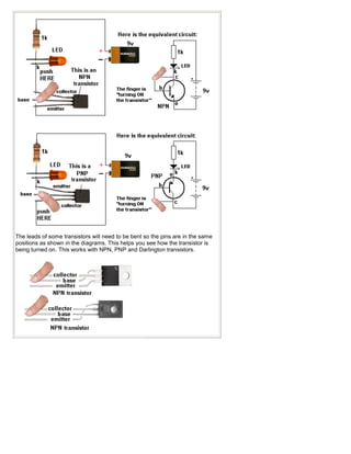 The leads of some transistors will need to be bent so the pins are in the same
positions as shown in the diagrams. This helps you see how the transistor is
being turned on. This works with NPN, PNP and Darlington transistors.
 