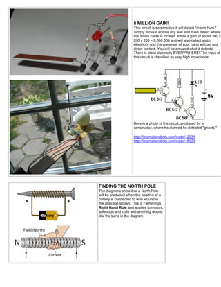 8 MILLION GAIN!
                     This circuit is so sensitive it will detect "mains hum."
                     Simply move it across any wall and it will detect where
                     the mains cable is located. It has a gain of about 200 x
                     200 x 200 = 8,000,000 and will also detect static
                     electricity and the presence of your hand without any
                     direct contact. You will be amazed what it detects!
                     There is static electricity EVERYWHERE! The input of
                     this circuit is classified as very high impedance.




                     Here is a photo of the circuit, produced by a
                     constructor, where he claimed he detected "ghosts."

                     http://letsmakerobots.com/node/12034
                     http://letsmakerobots.com/node/18933




FINDING THE NORTH POLE
The diagrams show that a North Pole
will be produced when the positive of a
battery is connected to wire wound in
the direction shown. This is Flemmings
Right Hand Rule and applies to motors,
solenoids and coils and anything wound
like the turns in the diagram.
 