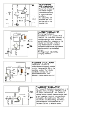 MICROPHONE
         PRE-AMPLIFIER
         This circuit consists of
         two directly coupled
         transistors operating
         as common-emitter
         amplifiers.
         The ratio of the 10k
         resistor to the 100R
         sets the gain of the
         circuit at 100.




        HARTLEY OSCILLATOR
        The Hartley Oscillator is
        characterised by an LC circuit in its
        collector. The base of the transistor is
        held steady and a small amount of
        signal is taken from a tapping on the
        inductor and fed to the emitter to
        keep the transistor in oscillation.
        The transformer can be any speaker
        transformer with centre-tapped
        primary.
        The frequency is adjusted by
        changing the 470p.




COLPITTS OSCILLATOR
The Colpitts Oscillator is
characterised by tapping the mid-
point of the capacitive side of the
oscillator section. The inductor
can be the primary side of a
speaker transformer. The
feedback comes via the inductor.




     PHASESHIFT OSCILLATOR
     The Phaseshift Oscillator is characterised by 3
     high-pass filters, creating a 180° phase shift.
     The output is a sinewave. Take care not to
     load the output - this will prevent reliable start-
     up and may stop the circuit from oscillating.
     Reduced the 3k3 load resistor if the load
     prevents the circuit oscillating. See Phase
     Shift Oscillator in second section of 200
     Transistor Circuits for a better design.
 