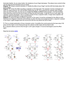 illuminate brighter. As you press harder, the resistance of your finger decreases. This allows more current to flow
into the base and the transistor turns on harder.
Diagram "G" shows a second transistor to "amplify the effect of your finger" and the LED illuminates about 100
times brighter.
Diagram "H" shows the effect of putting a capacitor on the base lead. The capacitor must be uncharged and
when you apply pressure, the LED will flash brightly then go off. This is because the capacitor gets charged
when you touch the wires. As soon as it is charged NO MORE CURRENT flows though it. The first transistor
stops receiving current and the circuit does not keep the LED illuminated. To get the circuit to work again, the
capacitor must be discharged. This is a simple concept of how a capacitor works. A large-value capacitor will
keep the LED illuminated for a longer period of time.
Diagram "I" shows the effect of putting a capacitor on the output. It must be uncharged for this effect to work.
We know from Diagram G that the circuit will stay on when the wires are touched but when a capacitor is placed
in the output, it gets charged when the circuit turns ON and only allows the LED to flash.

1. This is a simple explanation of how a transistor works. It amplifies the current going into the base about 100
times and the higher current flowing through the collector-emitter leads will illuminate a LED.
2. A capacitor allows current to flow through it until it gets charged. It must be discharged to see the effect
again.

Read the full article HERE
 