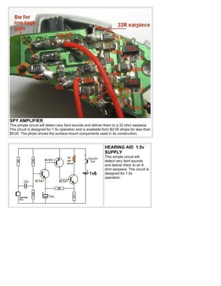 SPY AMPLIFIER
This simple circuit will detect very faint sounds and deliver them to a 32 ohm earpiece.
The circuit is designed for 1.5v operation and is available from $2.00 shops for less than
$5.00 The photo shows the surface-mount components used in its construction.


                                                            HEARING AID 1.5v
                                                            SUPPLY
                                                            This simple circuit will
                                                            detect very faint sounds
                                                            and deliver them to an 8
                                                            ohm earpiece. The circuit is
                                                            designed for 1.5v
                                                            operation.
 