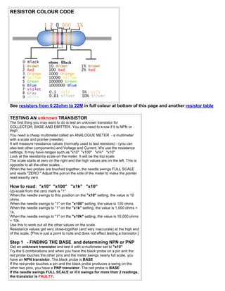 RESISTOR COLOUR CODE




See resistors from 0.22ohm to 22M in full colour at bottom of this page and another resistor table

TESTING AN unknown TRANSISTOR
The first thing you may want to do is test an unknown transistor for
COLLECTOR, BASE AND EMITTER. You also need to know if it is NPN or
PNP.
You need a cheap multimeter called an ANALOGUE METER - a multimeter
with a scale and pointer (needle).
It will measure resistance values (normally used to test resistors) - (you can
also test other components) and Voltage and Current. We use the resistance
settings. It may have ranges such as "x10" "x100" "x1k" "x10"
Look at the resistance scale on the meter. It will be the top scale.
The scale starts at zero on the right and the high values are on the left. This is
opposite to all the other scales. .
When the two probes are touched together, the needle swings FULL SCALE
and reads "ZERO." Adjust the pot on the side of the meter to make the pointer
read exactly zero.

How to read: "x10" "x100" "x1k" "x10"
Up-scale from the zero mark is "1"
When the needle swings to this position on the "x10" setting, the value is 10
ohms.
When the needle swings to "1" on the "x100" setting, the value is 100 ohms.
When the needle swings to "1" on the "x1k" setting, the value is 1,000 ohms =
1k.
When the needle swings to "1" on the "x10k" setting, the value is 10,000 ohms
= 10k.
Use this to work out all the other values on the scale.
Resistance values get very close-together (and very inaccurate) at the high end
of the scale. [This is just a point to note and does not affect testing a transistor.]

Step 1 - FINDING THE BASE and determining NPN or PNP
Get an unknown transistor and test it with a multimeter set to "x10"
Try the 6 combinations and when you have the black probe on a pin and the
red probe touches the other pins and the meter swings nearly full scale, you
have an NPN transistor. The black probe is BASE
If the red probe touches a pin and the black probe produces a swing on the
other two pins, you have a PNP transistor. The red probe is BASE
If the needle swings FULL SCALE or if it swings for more than 2 readings,
the transistor is FAULTY.
 