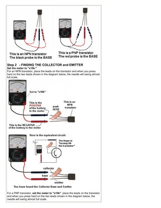 Step 2 - FINDING THE COLLECTOR and EMITTER
Set the meter to "x10k."
For an NPN transistor, place the leads on the transistor and when you press
hard on the two leads shown in the diagram below, the needle will swing almost
full scale.




For a PNP transistor, set the meter to "x10k" place the leads on the transistor
and when you press hard on the two leads shown in the diagram below, the
needle will swing almost full scale.
 