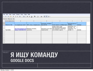 Я ИЩУ КОМАНДУ
   PROJECT




                  GOOGLE DOCS

Monday, October 11, 2010
 