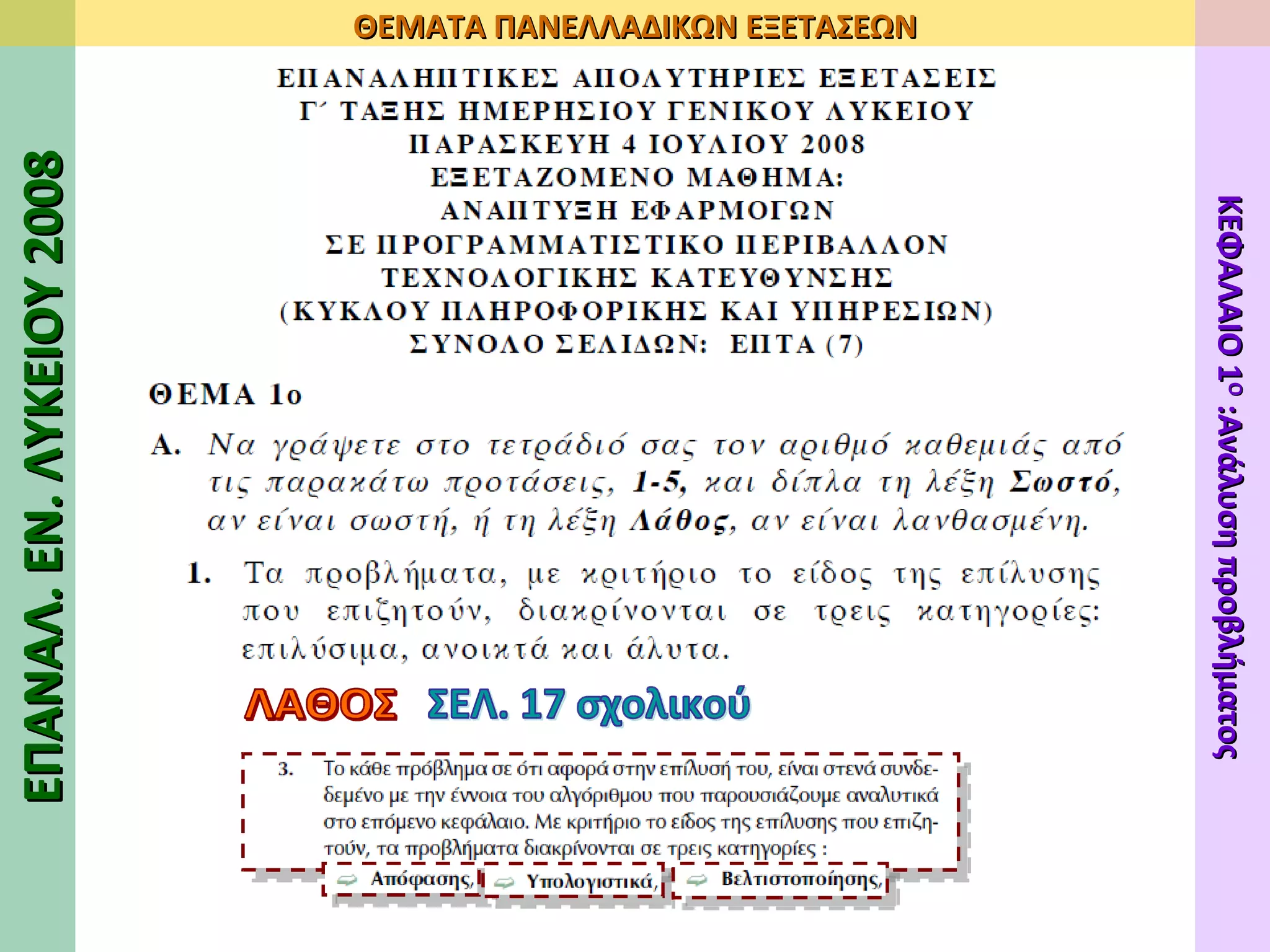 ΣΕΛ. 17 σχολικού ΛΑΘΟΣ ΕΠΑΝΑΛ. ΕΝ. ΛΥΚΕΙΟΥ 2008 ΘΕΜΑΤΑ ΠΑΝΕΛΛΑΔΙΚΩΝ ΕΞΕΤΑΣΕΩΝ ΚΕΦΑΛΑΙΟ 1 Ο  :Ανάλυση προβλήματος 