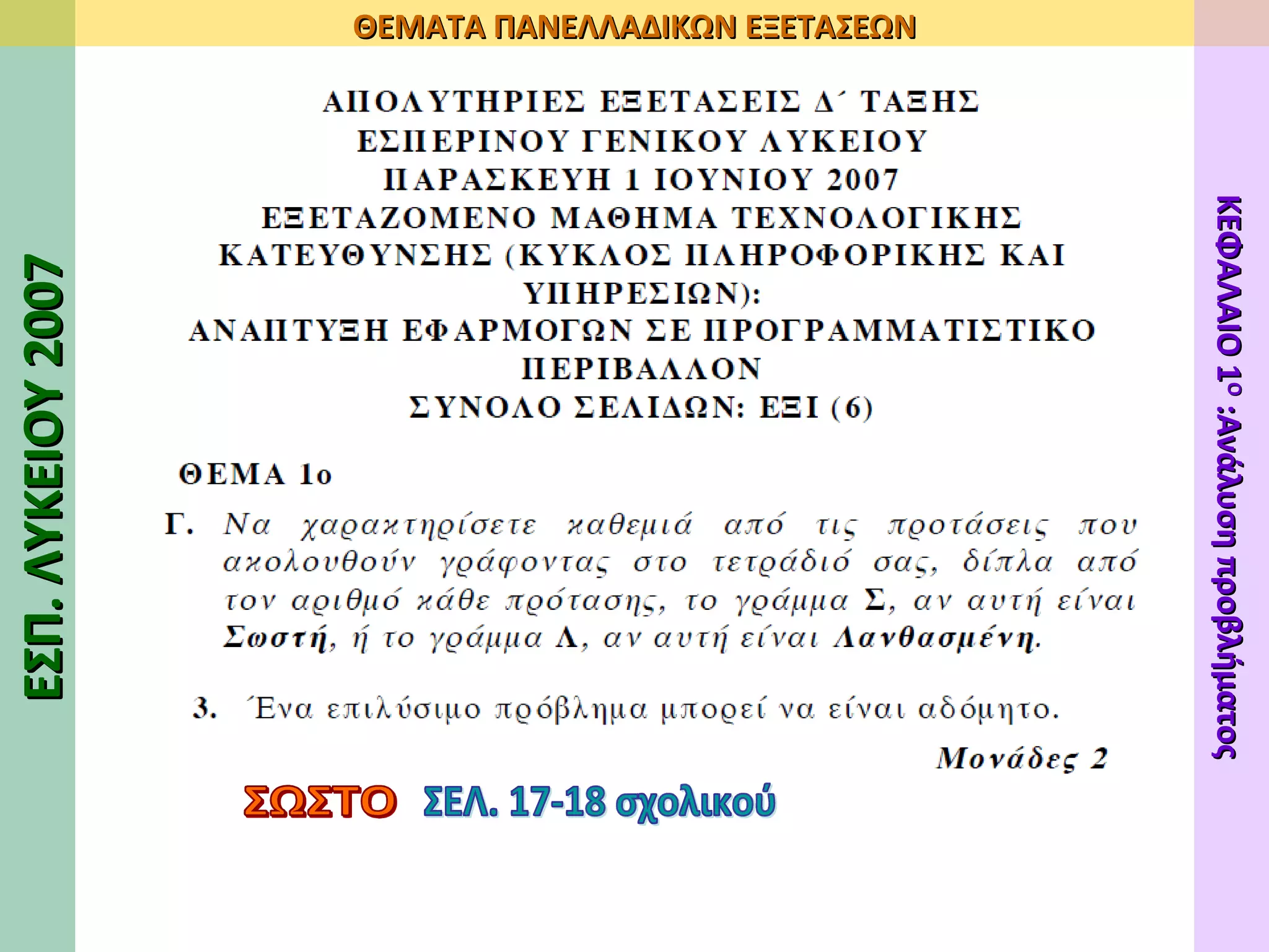 ΣΩΣΤΟ ΣΕΛ. 17-18 σχολικού ΕΣΠ. ΛΥΚΕΙΟΥ 2007 ΘΕΜΑΤΑ ΠΑΝΕΛΛΑΔΙΚΩΝ ΕΞΕΤΑΣΕΩΝ ΚΕΦΑΛΑΙΟ 1 Ο  :Ανάλυση προβλήματος 
