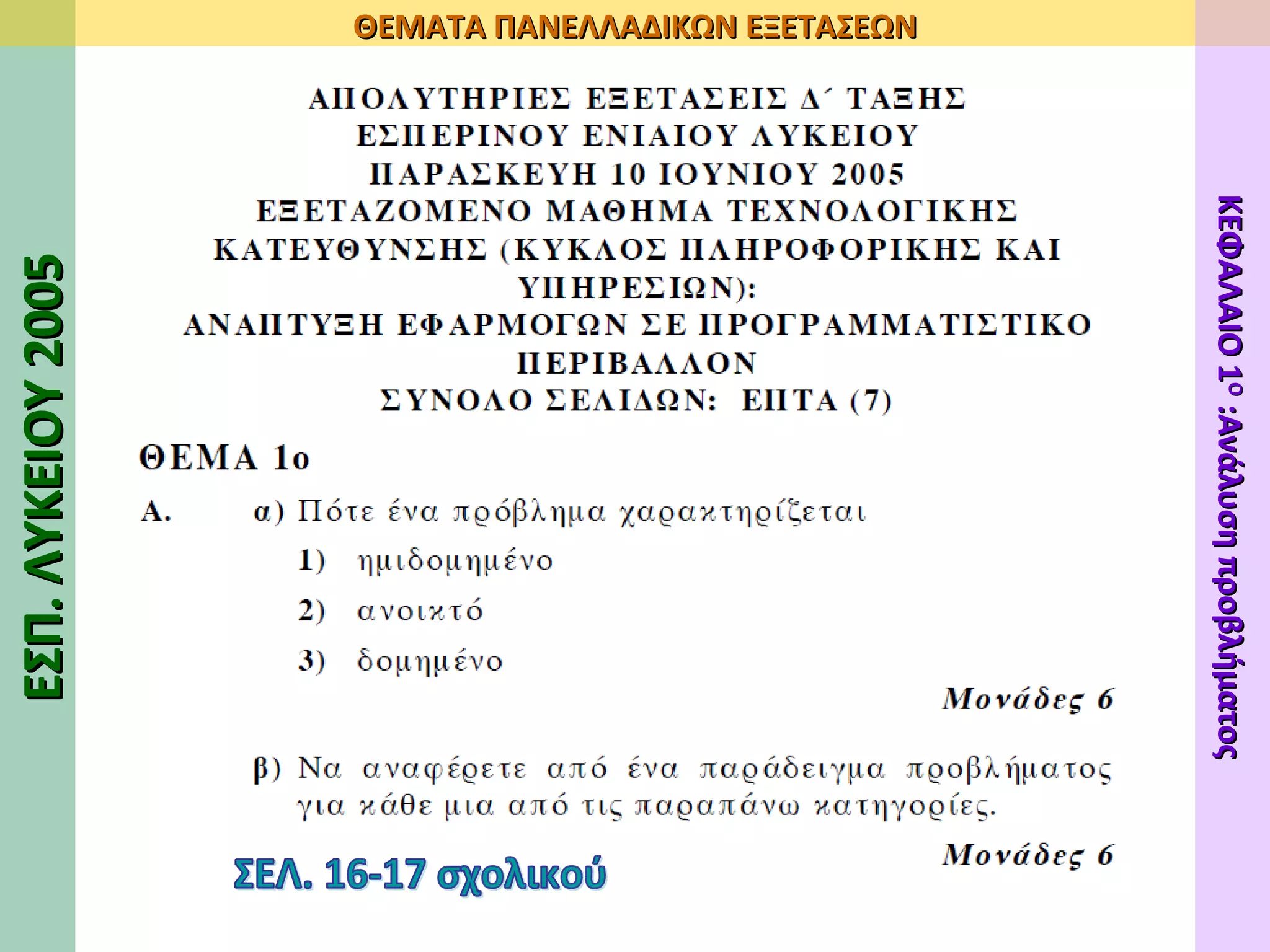 ΣΕΛ. 16-17 σχολικού ΕΣΠ. ΛΥΚΕΙΟΥ 200 5 ΘΕΜΑΤΑ ΠΑΝΕΛΛΑΔΙΚΩΝ ΕΞΕΤΑΣΕΩΝ ΚΕΦΑΛΑΙΟ 1 Ο  :Ανάλυση προβλήματος 