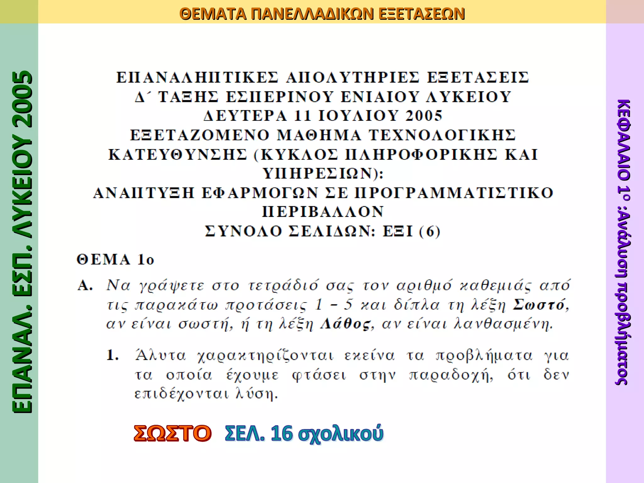 ΣΩΣΤΟ ΣΕΛ. 16 σχολικού ΕΠΑΝΑΛ. ΕΣΠ. ΛΥΚΕΙΟΥ 2005 ΘΕΜΑΤΑ ΠΑΝΕΛΛΑΔΙΚΩΝ ΕΞΕΤΑΣΕΩΝ ΚΕΦΑΛΑΙΟ 1 Ο  :Ανάλυση προβλήματος 